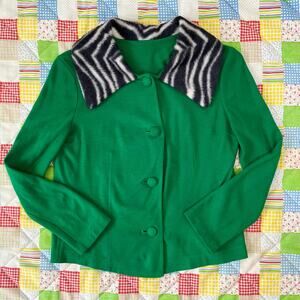 Vintage 60s Green‎ Zebra Print Cardigan Faux Fur Collar Sweater // Size Small